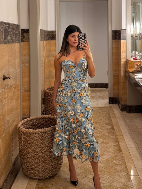 Dress the Population Dresses & Skirts - Dress the Population Strapless Blue Floral Midi Dress with Orange Accents